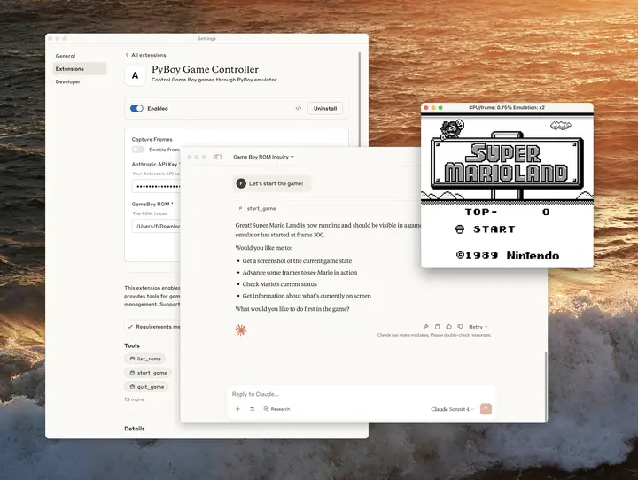 一台桌面设备显示 PyBoy MCP,画面为《超级马里奥乐园》开始界面