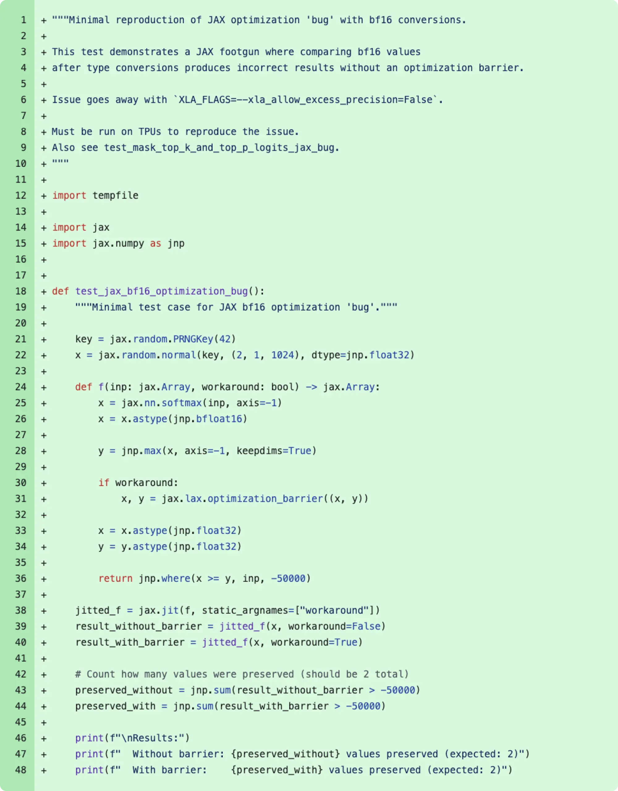 展示 8 月 11 日变更中合并的最小化复现代码片段,该变更触发了 2024 年 12 月被当作“缺陷”处理的行为;实际上这是 xla_allow_excess_precision 标志的预期表现。